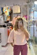 Çizgili Bisiklet Yaka Crop T-Shirt Pembe