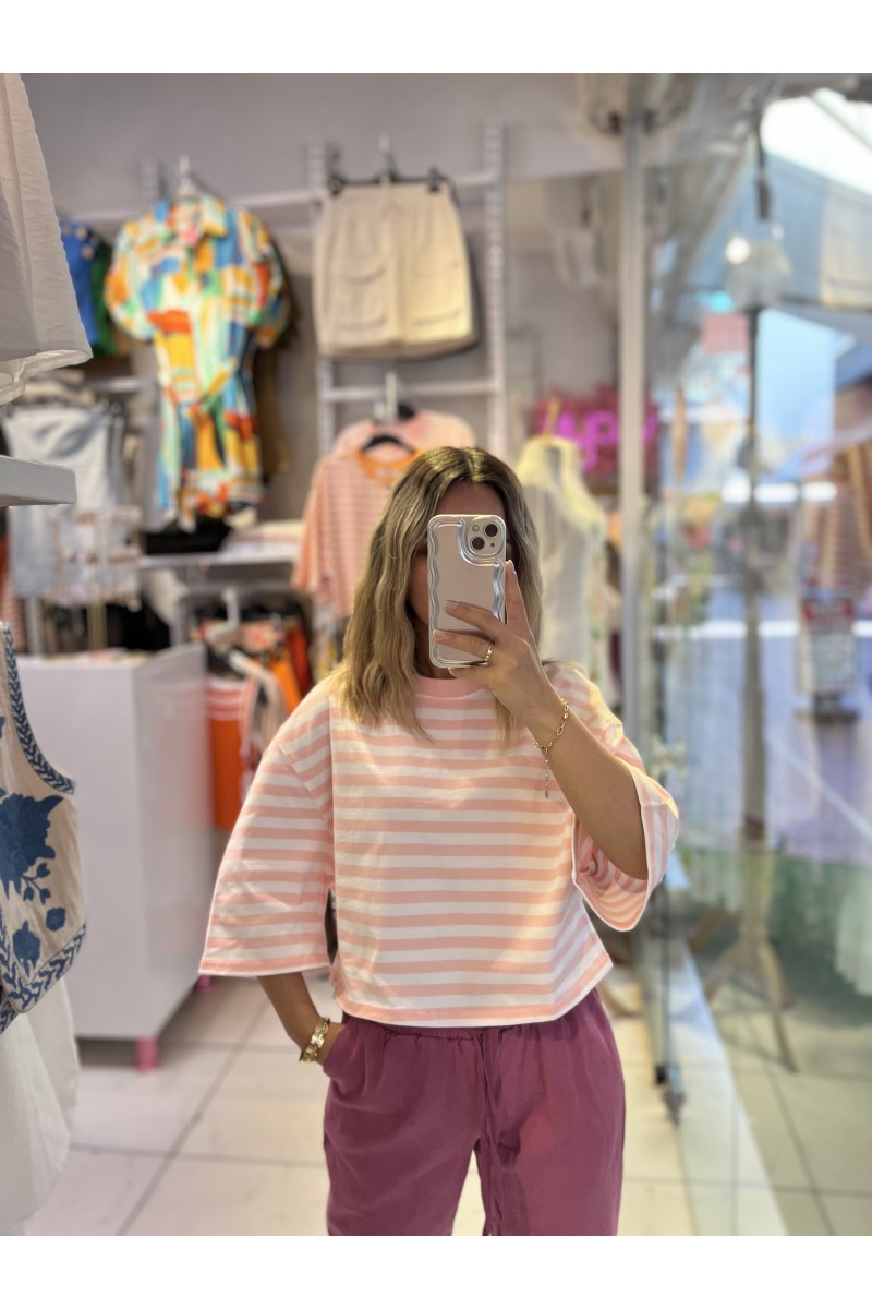 Çizgili Bisiklet Yaka Crop T-Shirt Pembe